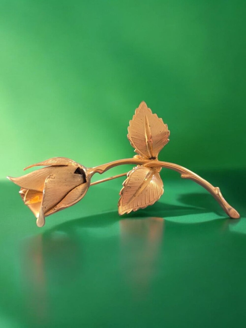 Giovanni Goldtone Long Stem Rose Brooch - Signed - Vintage 1960's Retro